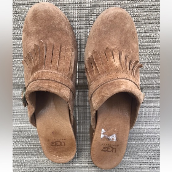 UGG Abbie Clogs Brown Suede Slip On Wood Heel Womens 8 Sheepskin Lined F8910E - Picture 5 of 11